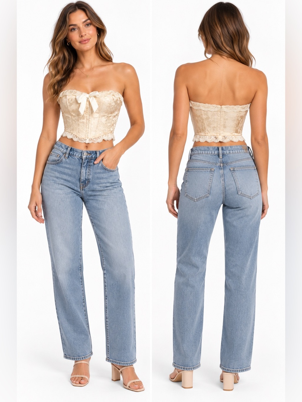 House of CB Corset Top Womens Champagne Floral Jacquard Lace Bustier Bow